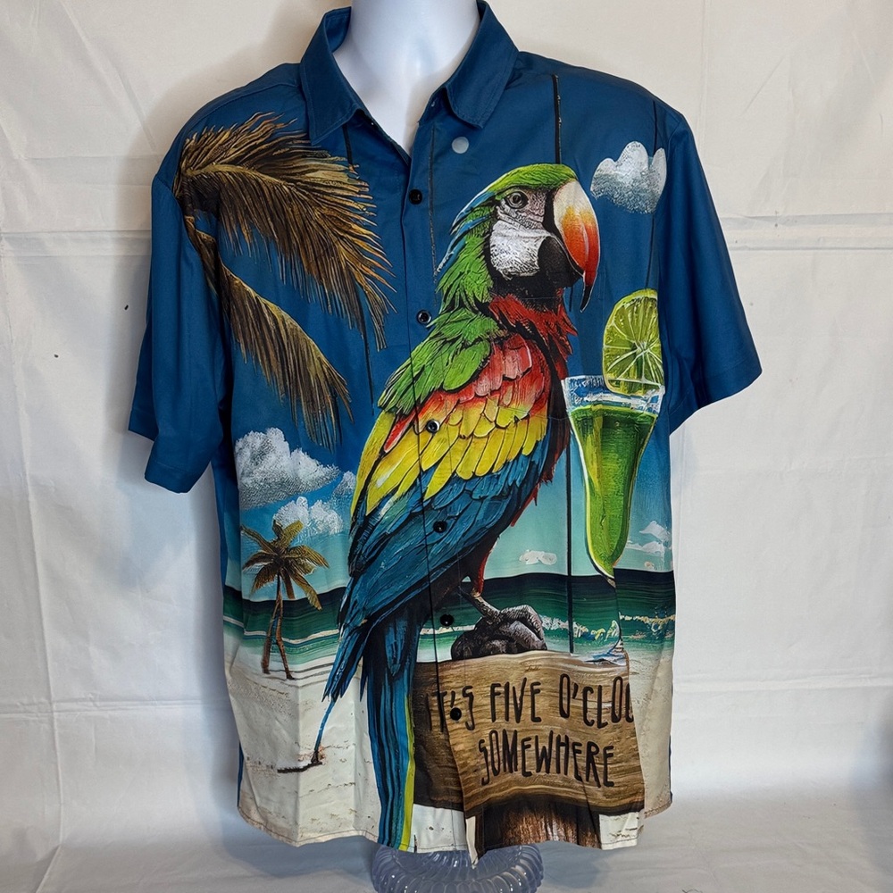 HARDADDY Men Colorful Parrot Hawaiian Button Shirt Size L